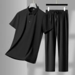 Men Long Pants 2 Piece Set Short Sleeve Tops