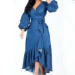 Women Long Floor-Length Denim Dress with Ruffles